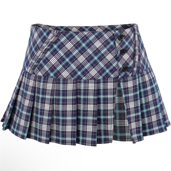 Mini Plaid Low-Waisted Pleated Skirt with Slit - Picture 2 of 8